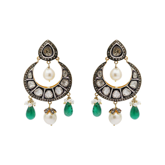 Natural Emerald, Pearl And Polki Diamond 925 Sterling Silver Drop Earrings