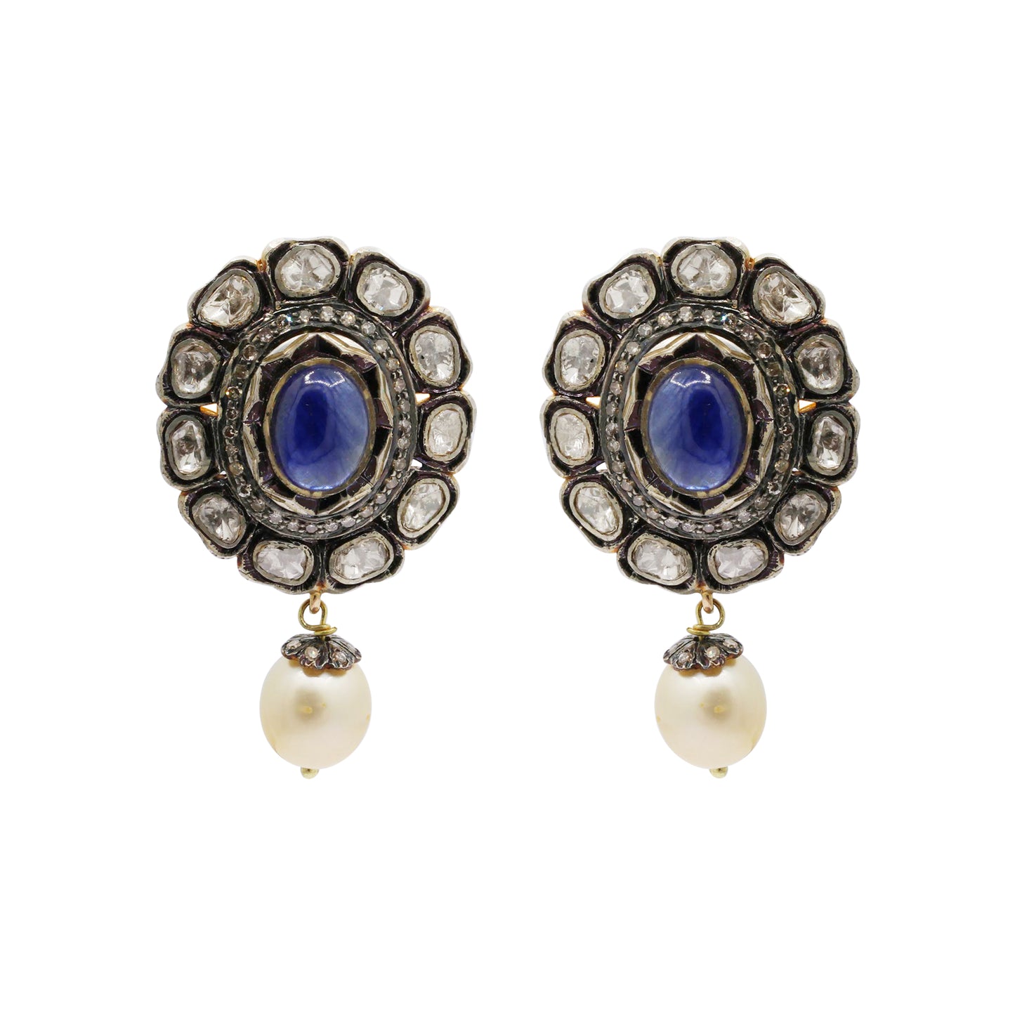 Natural Blue Sapphire, Pearl And Polki Diamond 925 Sterling Silver Gold Plated Jumka Earring