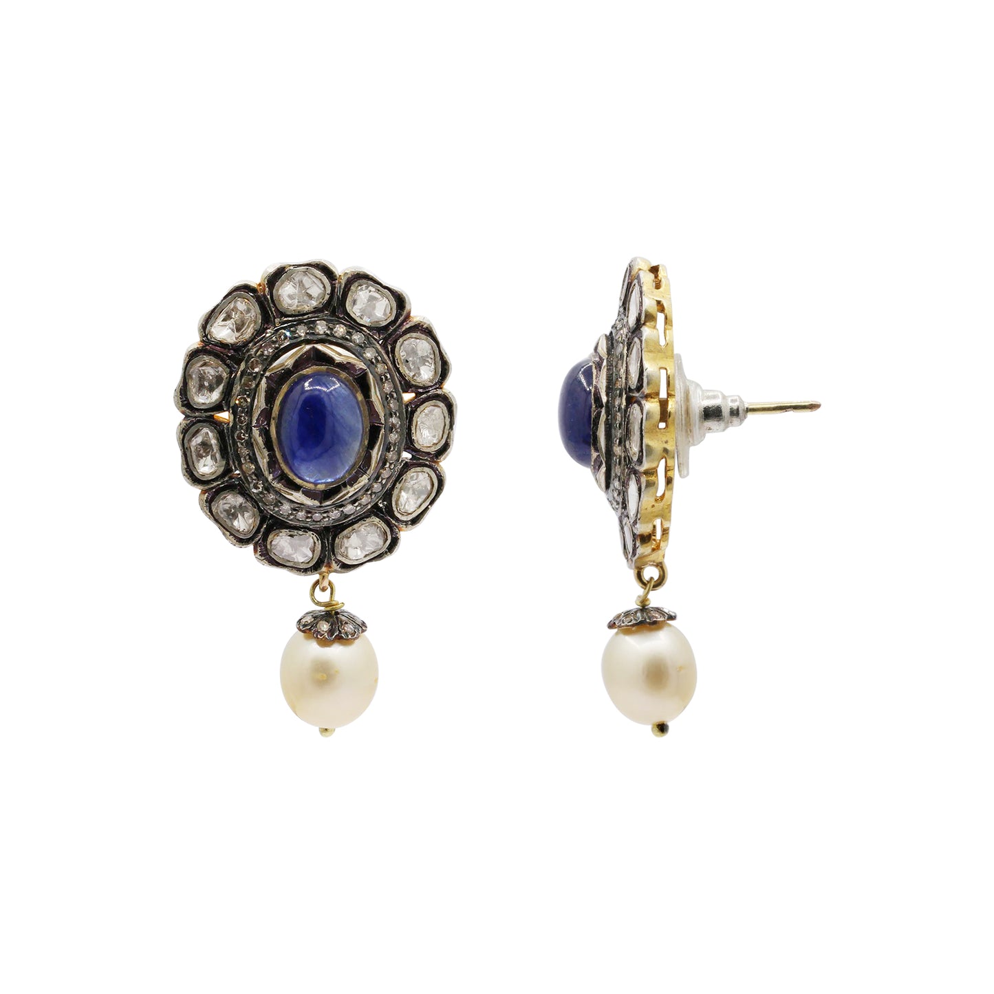 Natural Blue Sapphire, Pearl And Polki Diamond 925 Sterling Silver Gold Plated Jumka Earring