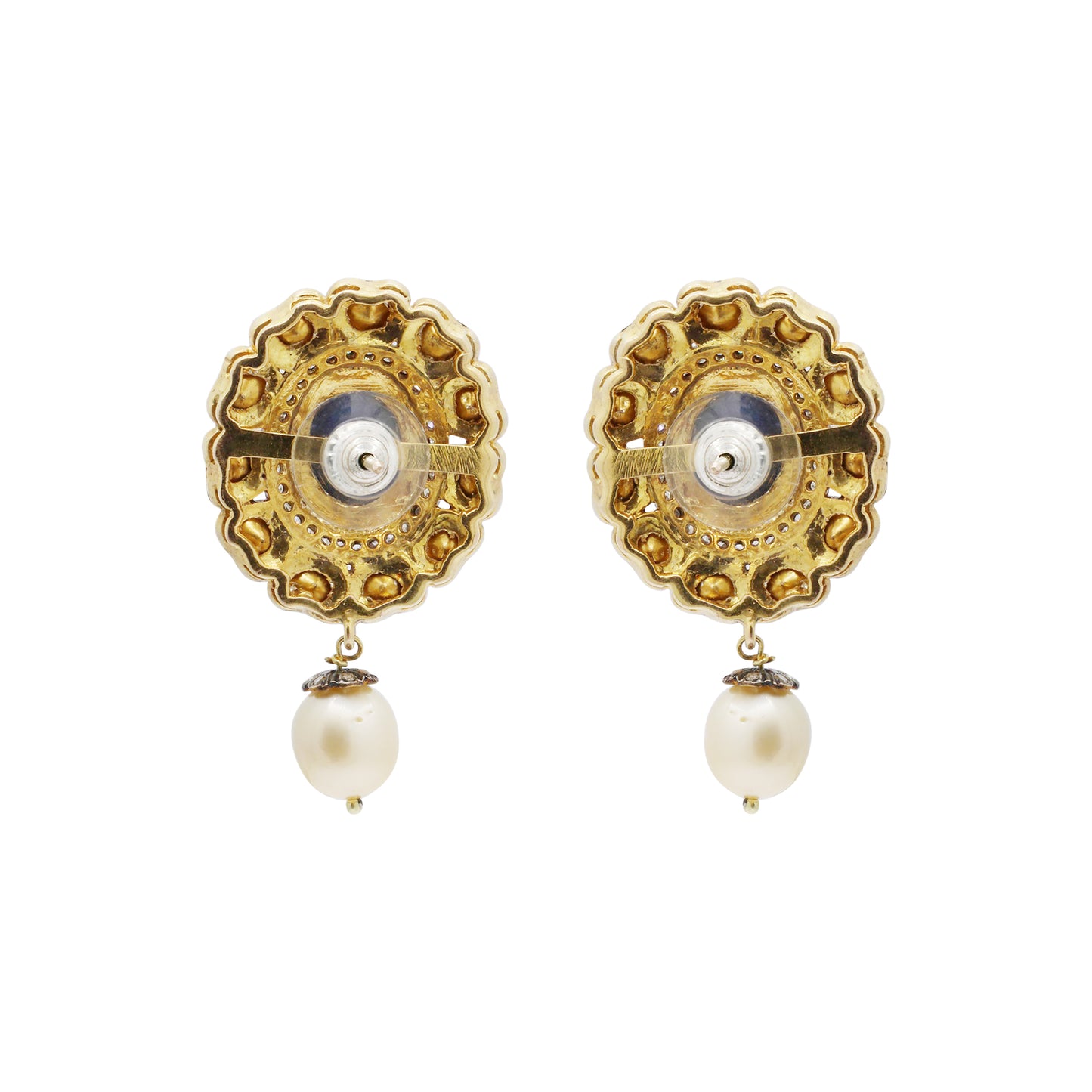 Natural Blue Sapphire, Pearl And Polki Diamond 925 Sterling Silver Gold Plated Jumka Earring