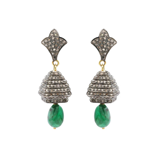 Natural Emerald And Diamond 925 Sterling Silver Drop Earrings