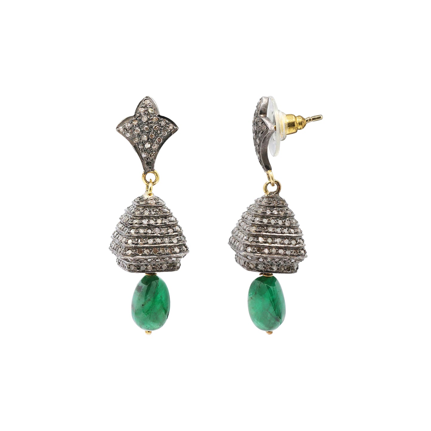 Natural Emerald And Diamond 925 Sterling Silver Drop Earrings