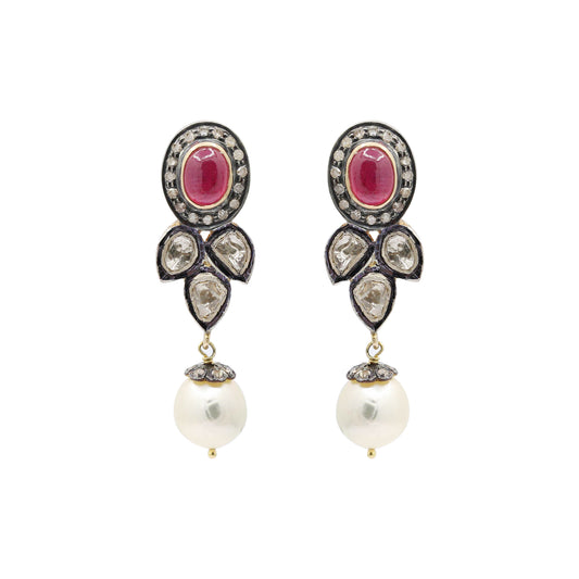 Natural Ruby, Pearl And Polki Diamond 925 Sterling Silver Drop Earrings