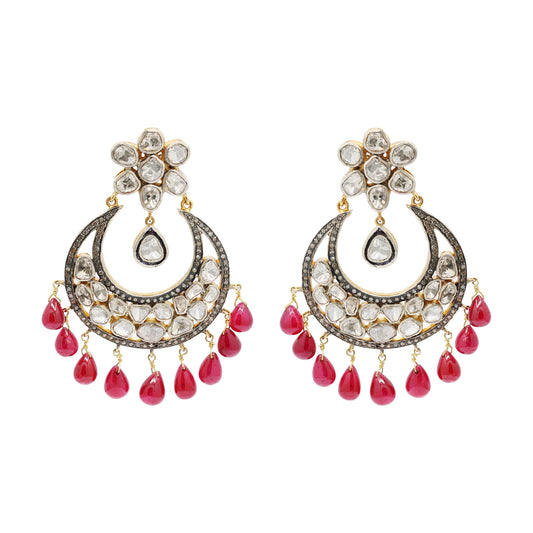 Natural Ruby With Polki Diamond 925 Sterling Silver Gold Plated Earring