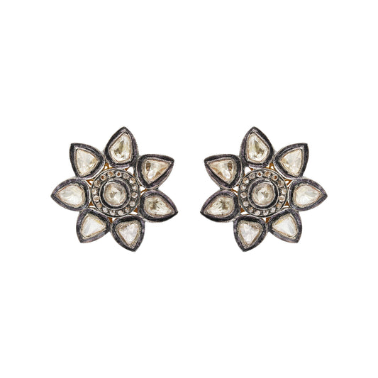 Polki Diamond Floral Design 925 Sterling Silver Gold Plated Stud Earring