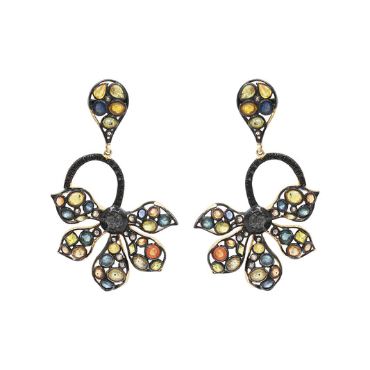 Multi Sapphire And Black Diamond 925 Sterling Silver Gold Plated Flower Earring