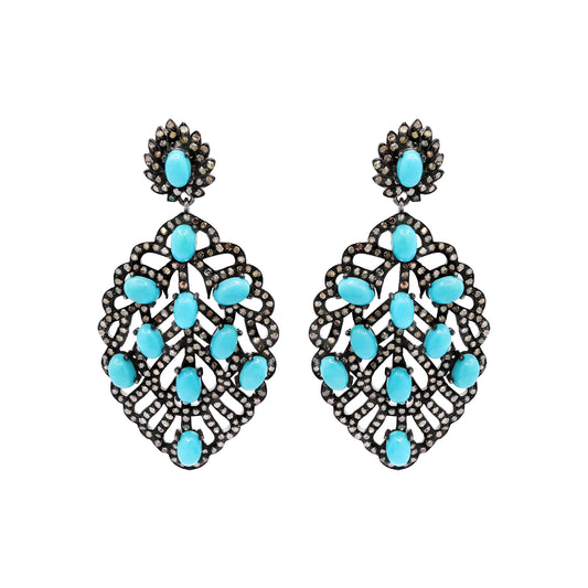 Turquoise And Diamond 925 Sterling Silver Leaf Design Drop Silver Earring