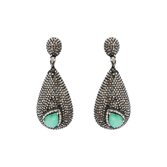 Precious Pear Emerald And Diamond 925 Sterling Silver Drop Earring