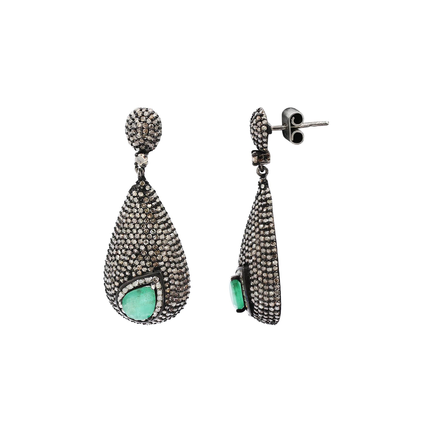 Precious Pear Emerald And Diamond 925 Sterling Silver Drop Earring