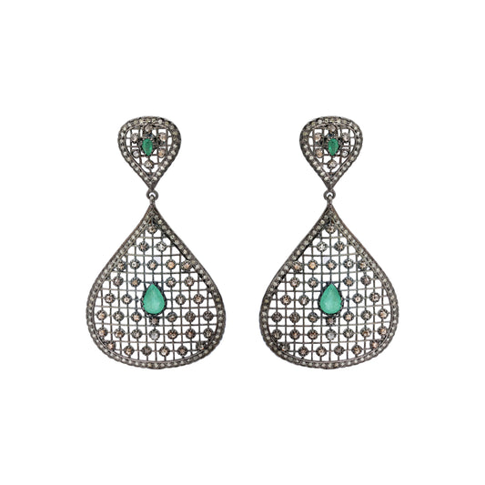 Natural Emerald And Diamond 925 Sterling Silver Drop Earring