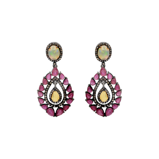 Natural Ruby, Opal And Diamond 925 Sterling Silver Drop Earring