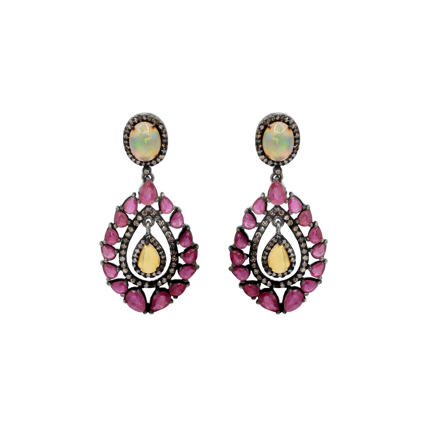 925 Sterling Silver Natural Ruby And Diamond Drop Earring