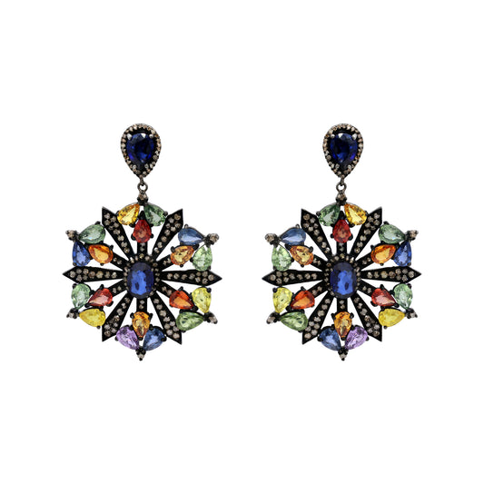 Natural Multi Sapphire And Diamond 925 Sterling Silver Beautiful Drop Earring