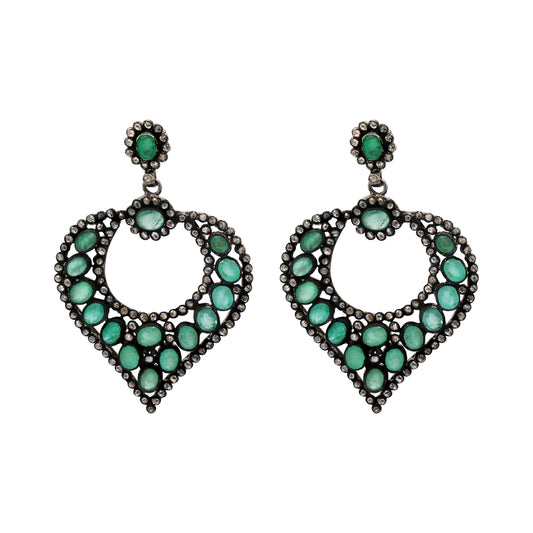 925 Sterling Silver Natural Emerald And Diamond Drop Earrings