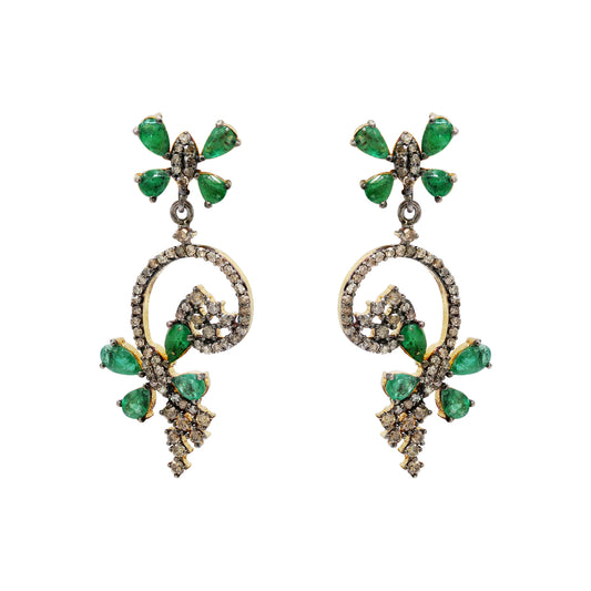 Natural Emerald Gemstone And Diamond Drop Earring 925 Sterling Silver