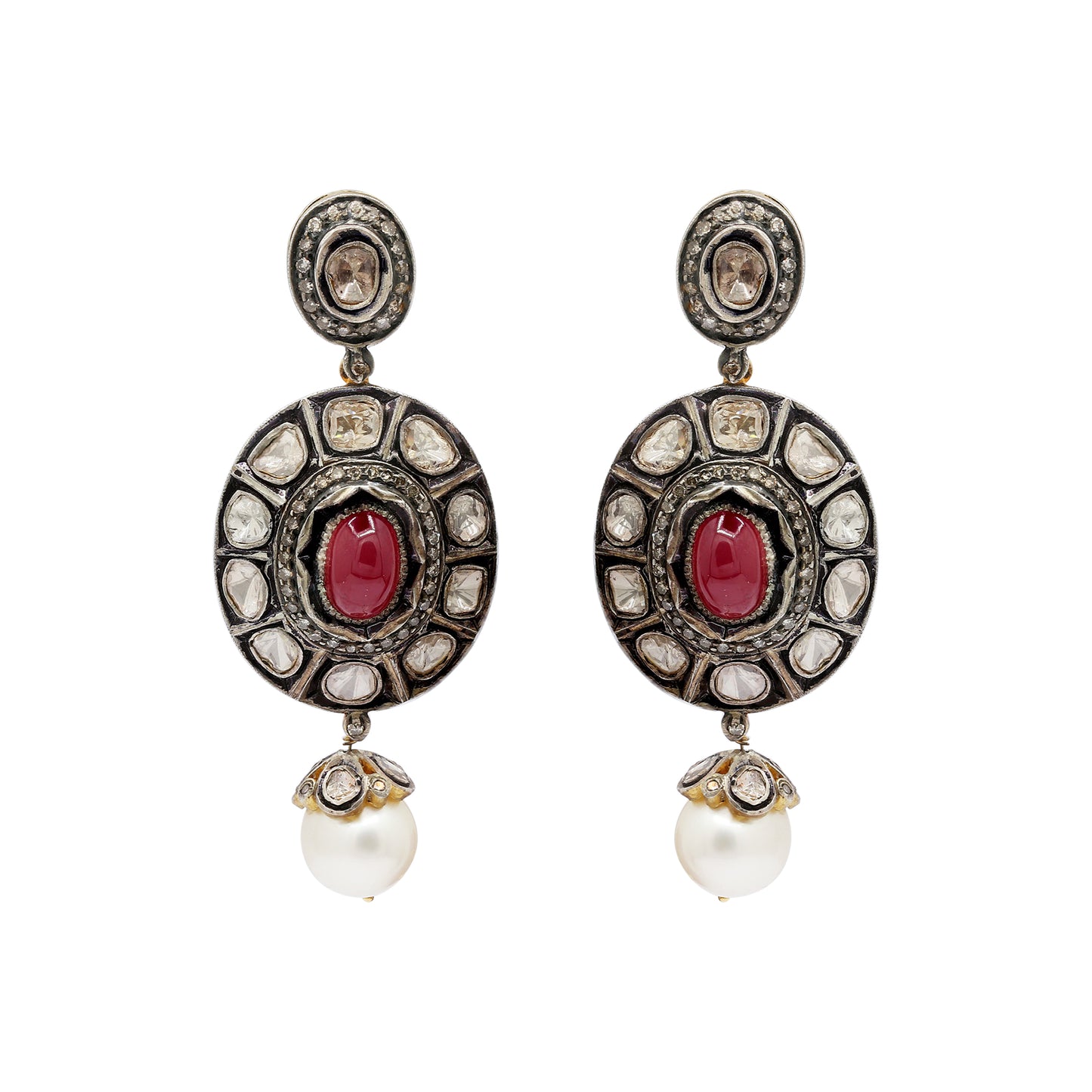 Natural Oval Cut Ruby, Pearl And Polki Diamond Gold Plated 925 Sterling Silver Drop Earing