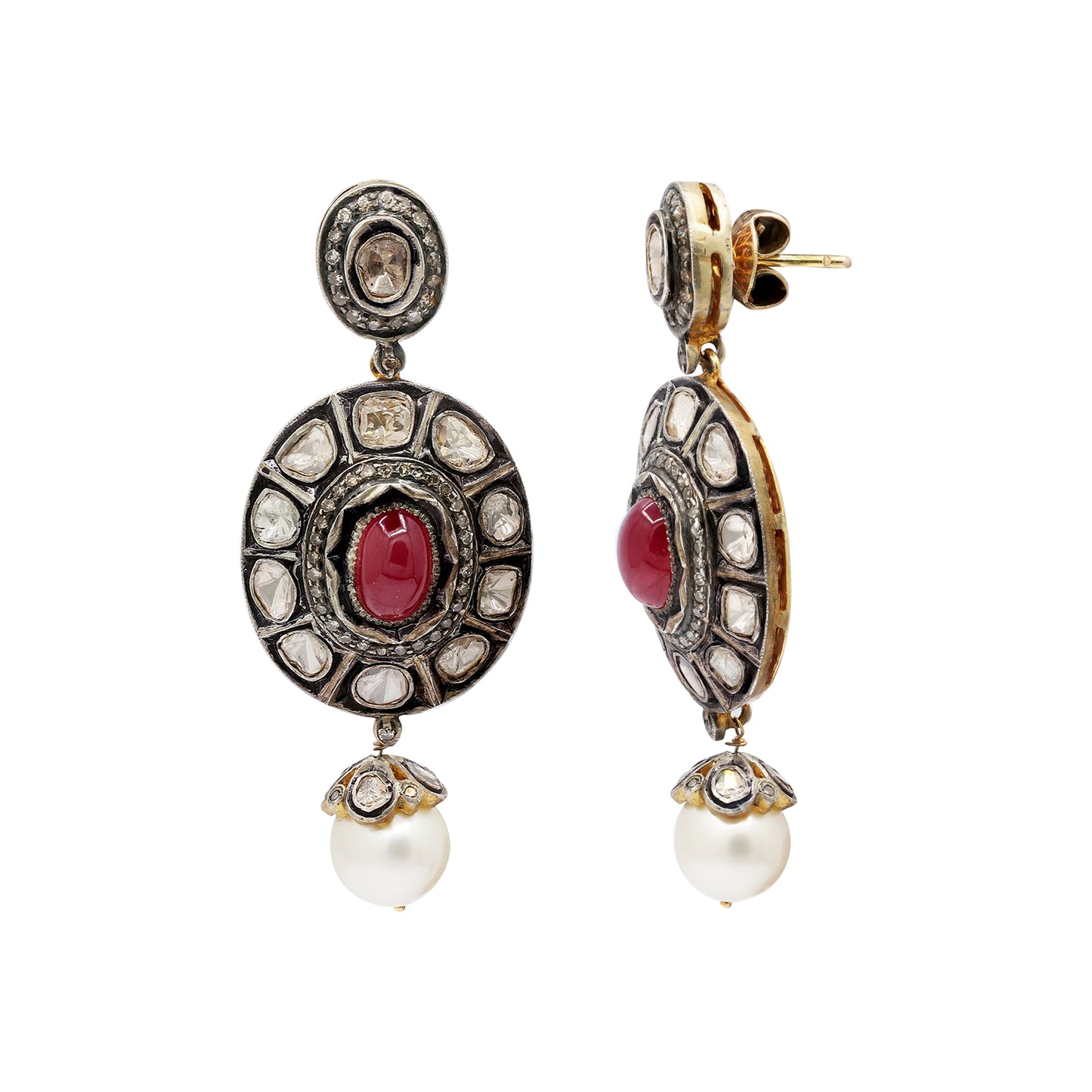 Natural Oval Cut Ruby, Pearl And Polki Diamond Gold Plated 925 Sterling Silver Drop Earing