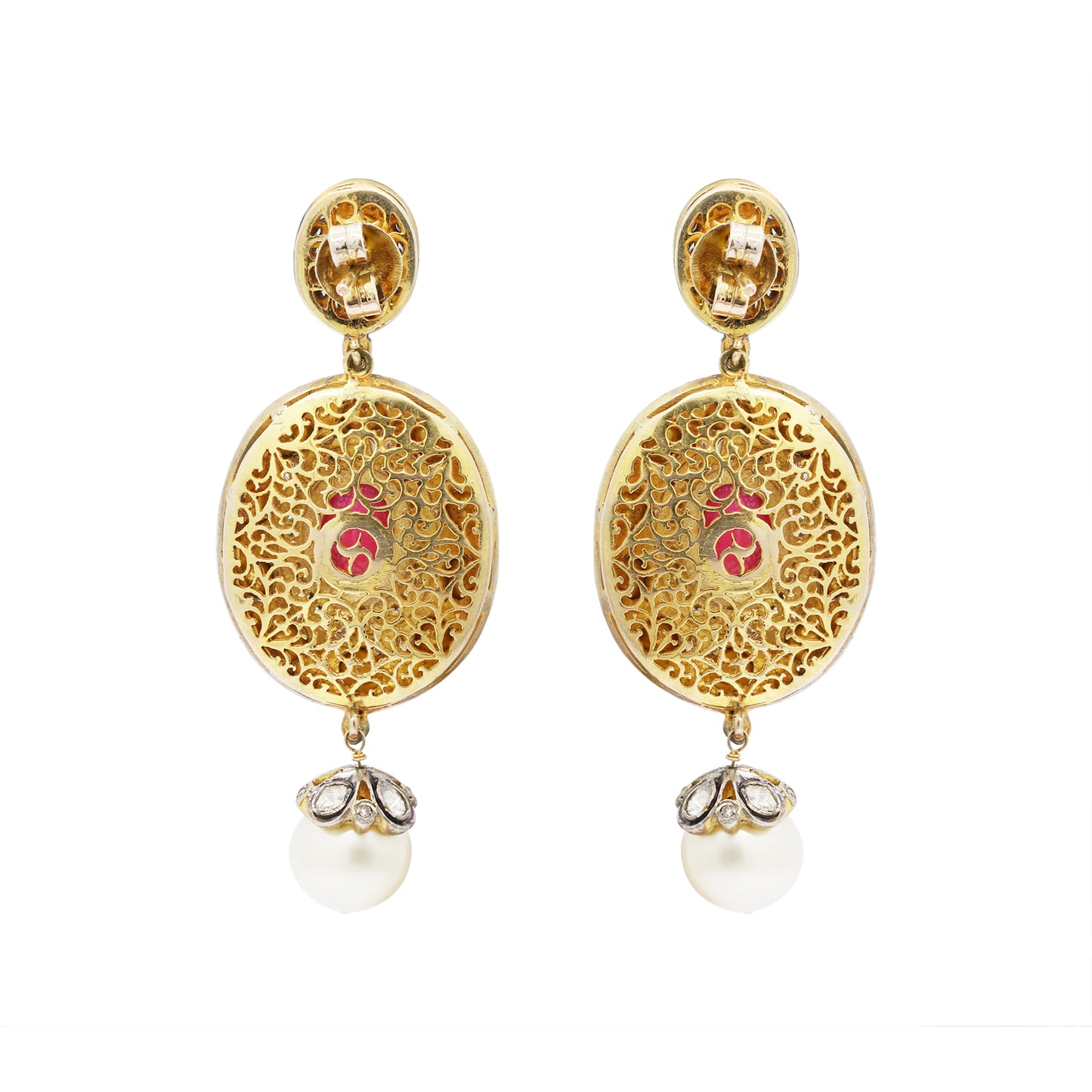 Natural Oval Cut Ruby, Pearl And Polki Diamond Gold Plated 925 Sterling Silver Drop Earing