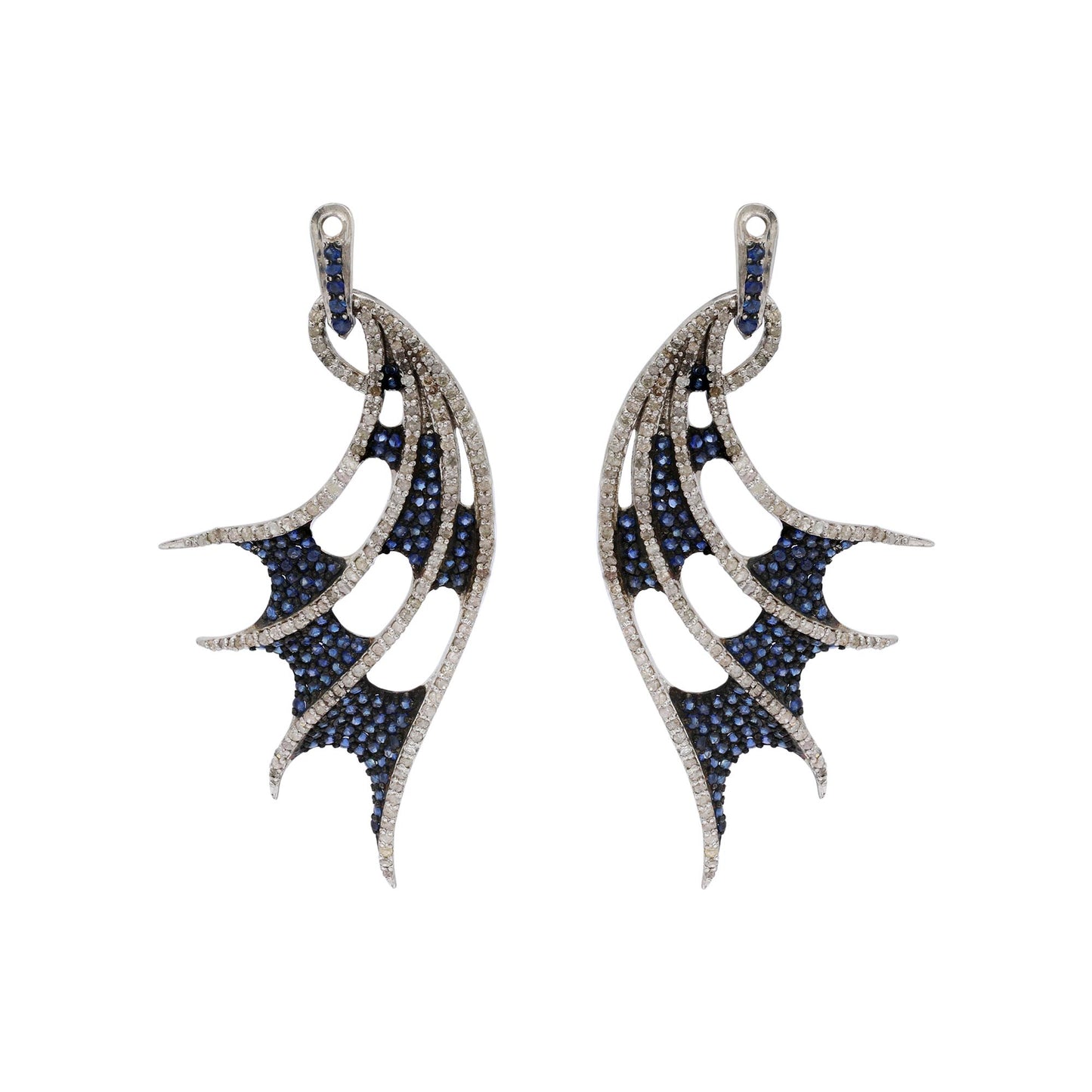 925 Sterling Silver Blue Sapphire And Diamond Angel Wings Drop And Dangle Silver Earrings