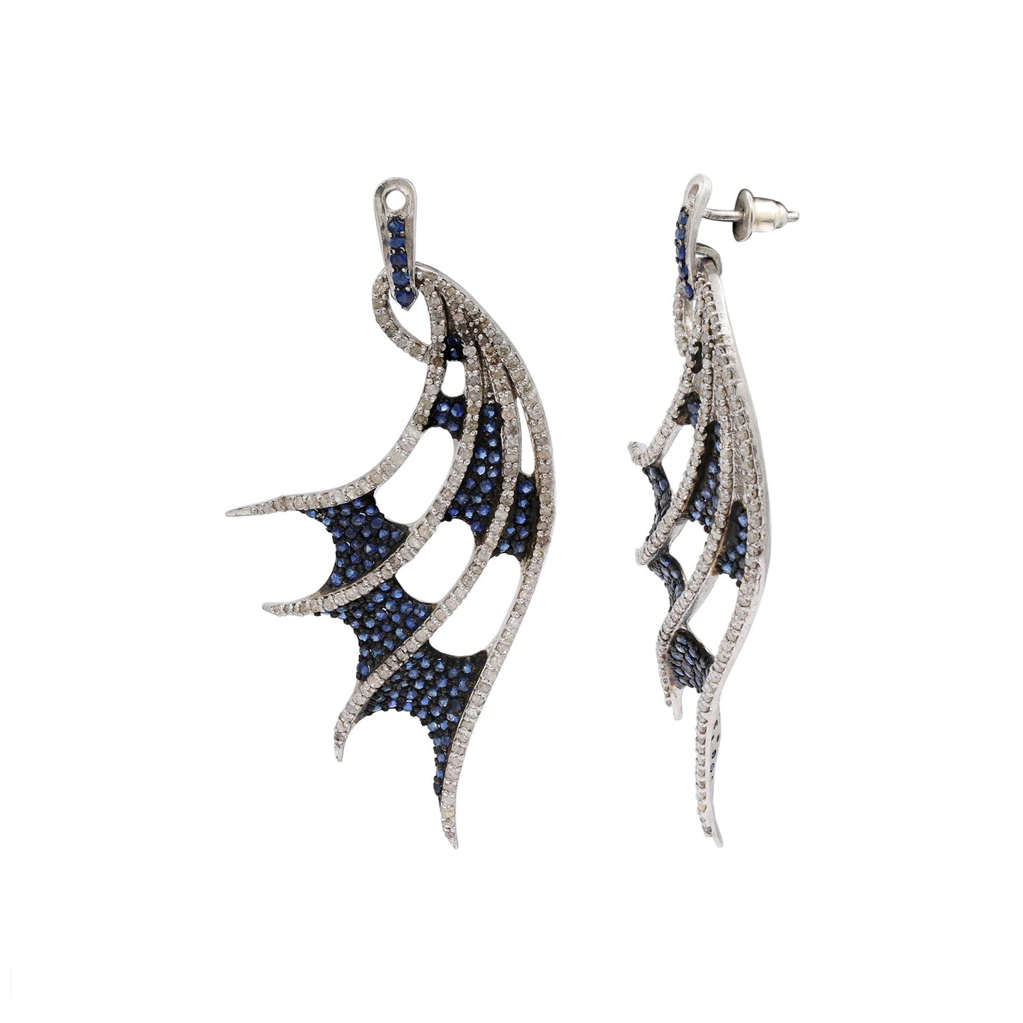 925 Sterling Silver Blue Sapphire And Diamond Angel Wings Drop And Dangle Silver Earrings