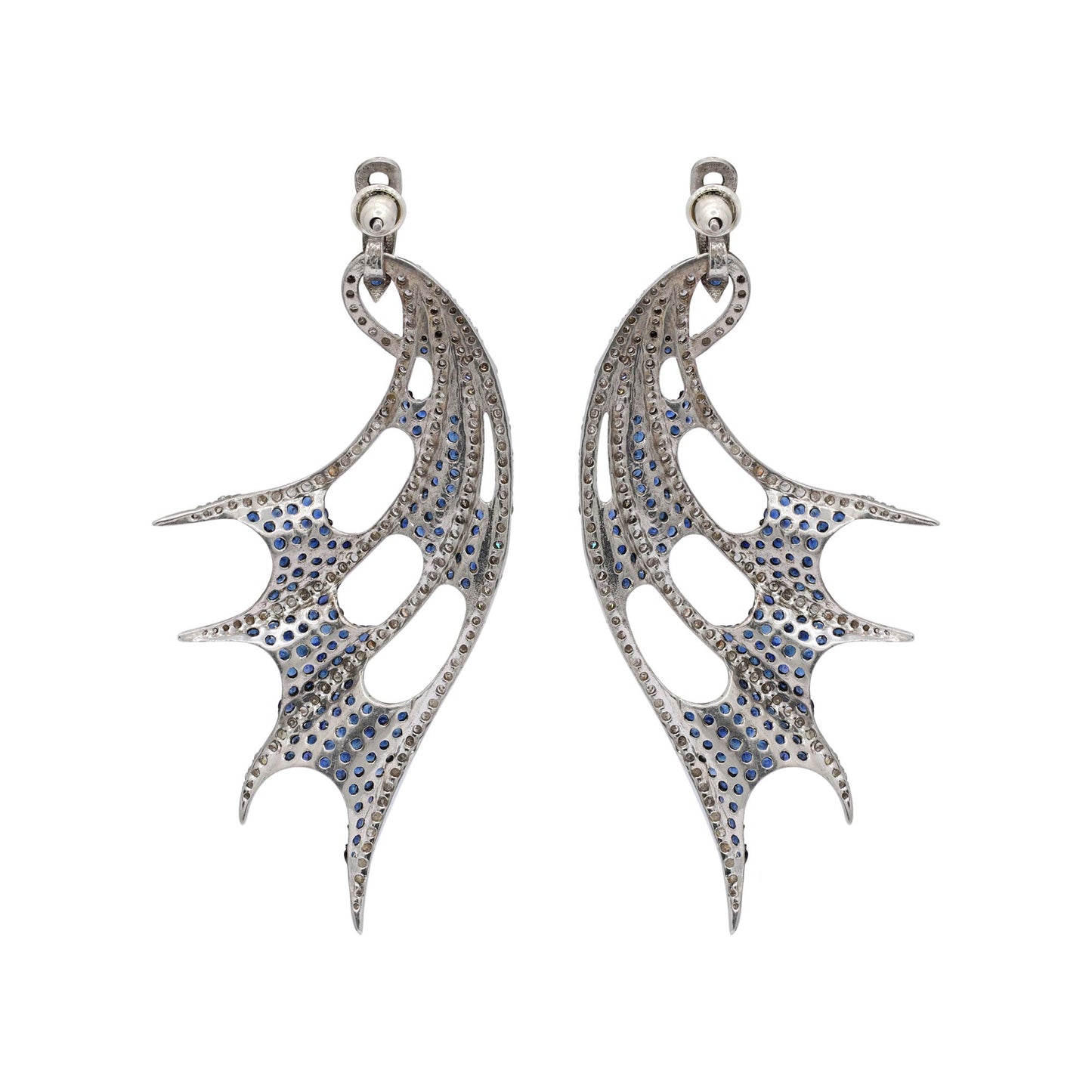 925 Sterling Silver Blue Sapphire And Diamond Angel Wings Drop And Dangle Silver Earrings