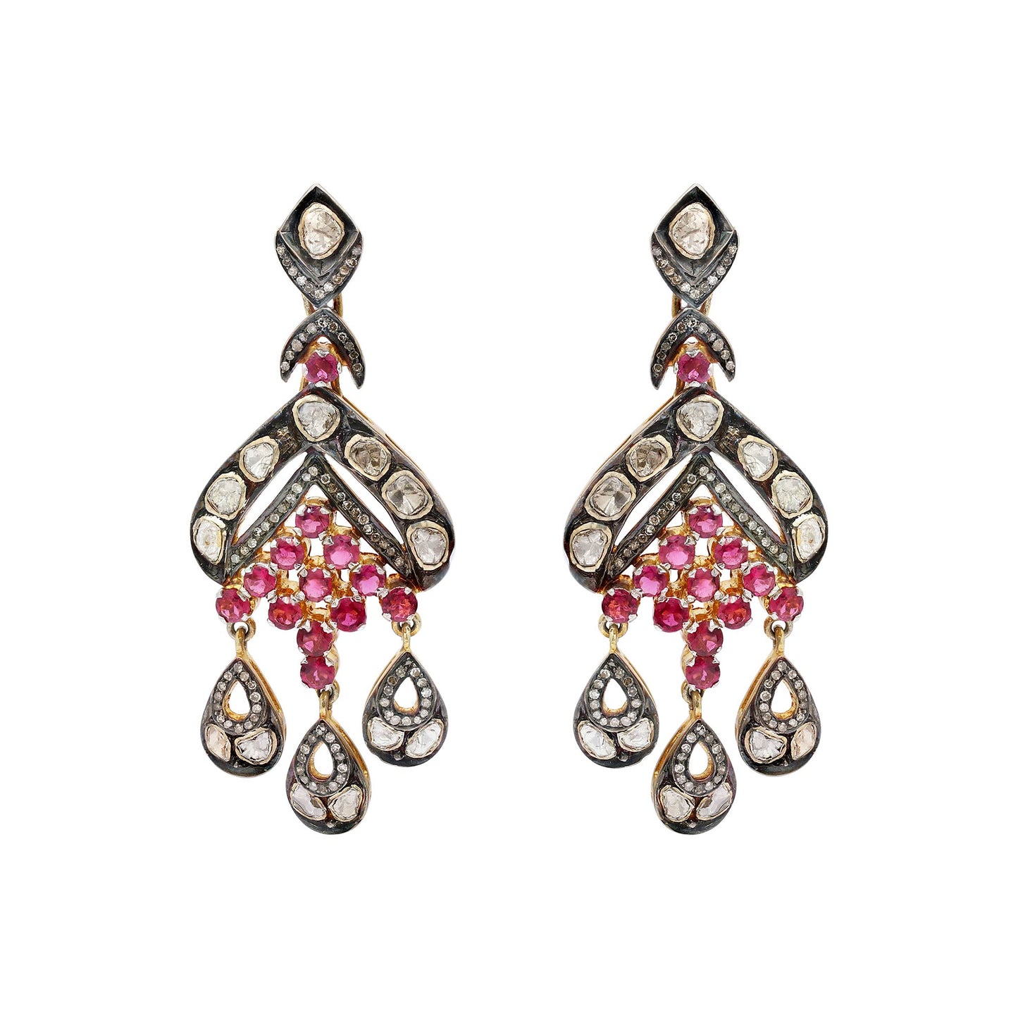 Natural Ruby And Polki Diamond 925 Sterling Silver Gold Plated Drop Dangle Earring