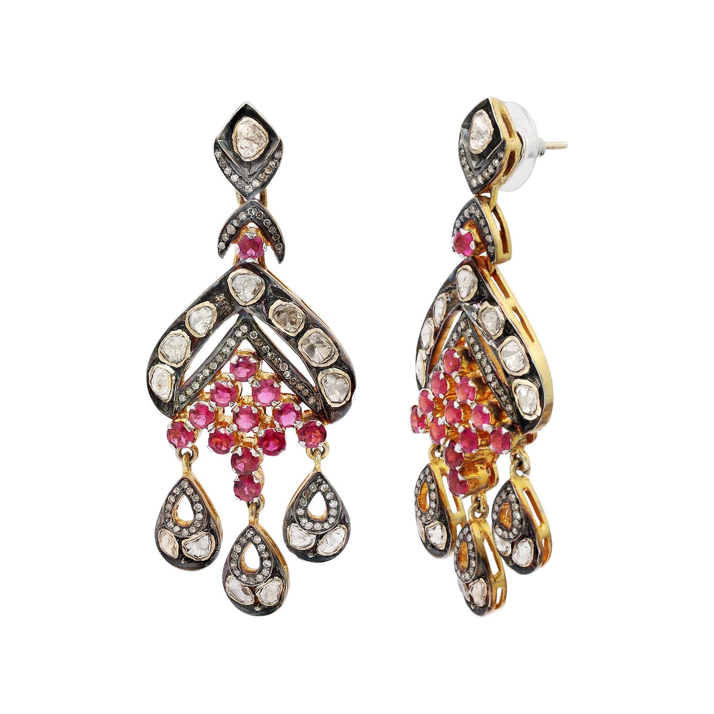 Natural Ruby And Polki Diamond 925 Sterling Silver Gold Plated Drop Dangle Earring