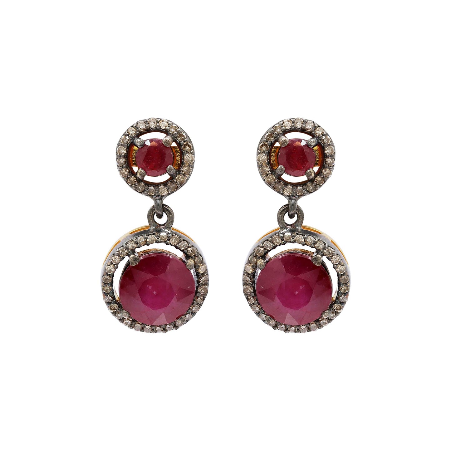 Round Precious Ruby And Diamond 925 Sterling Silver Gold Plated Drop Earrings