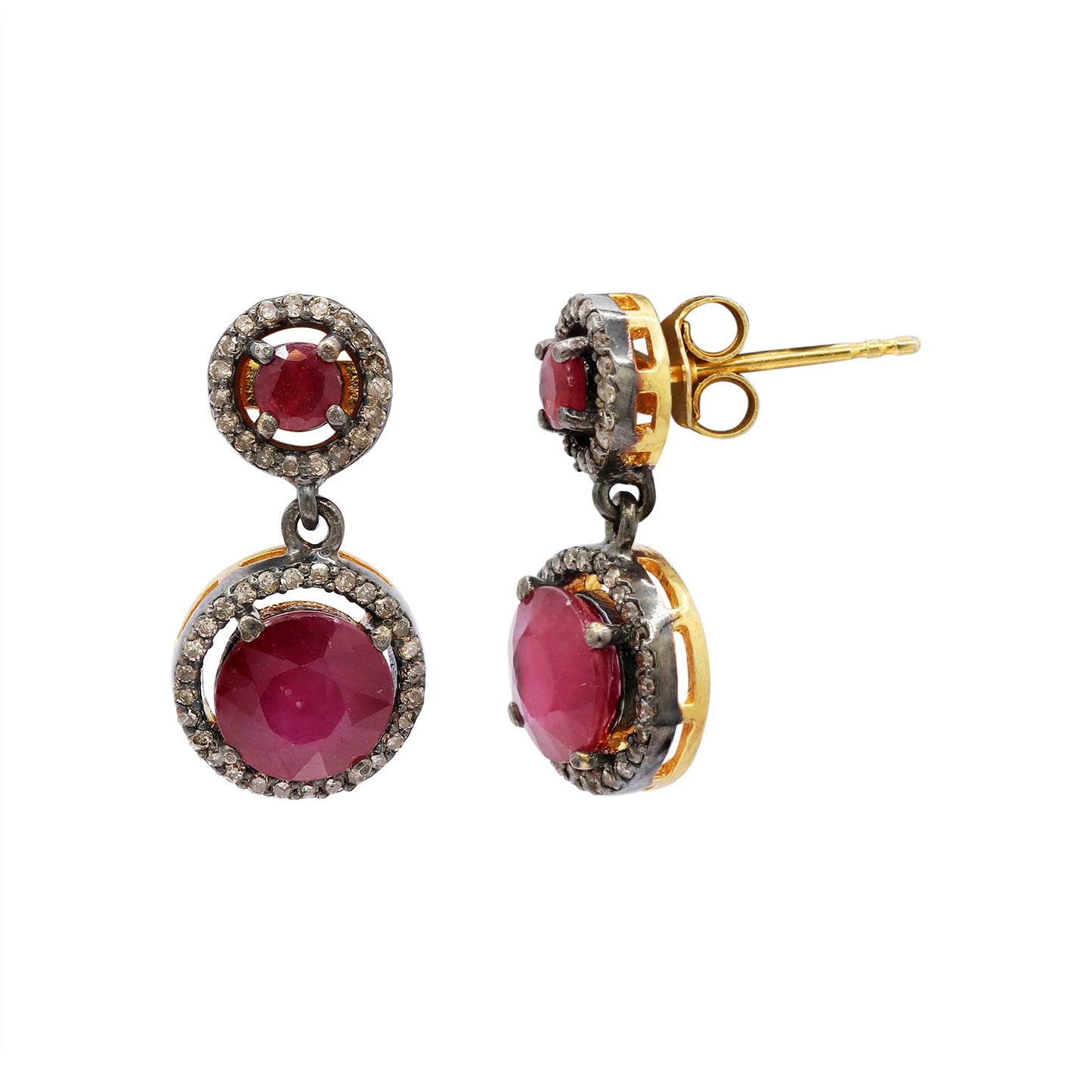 Round Precious Ruby And Diamond 925 Sterling Silver Gold Plated Drop Earrings