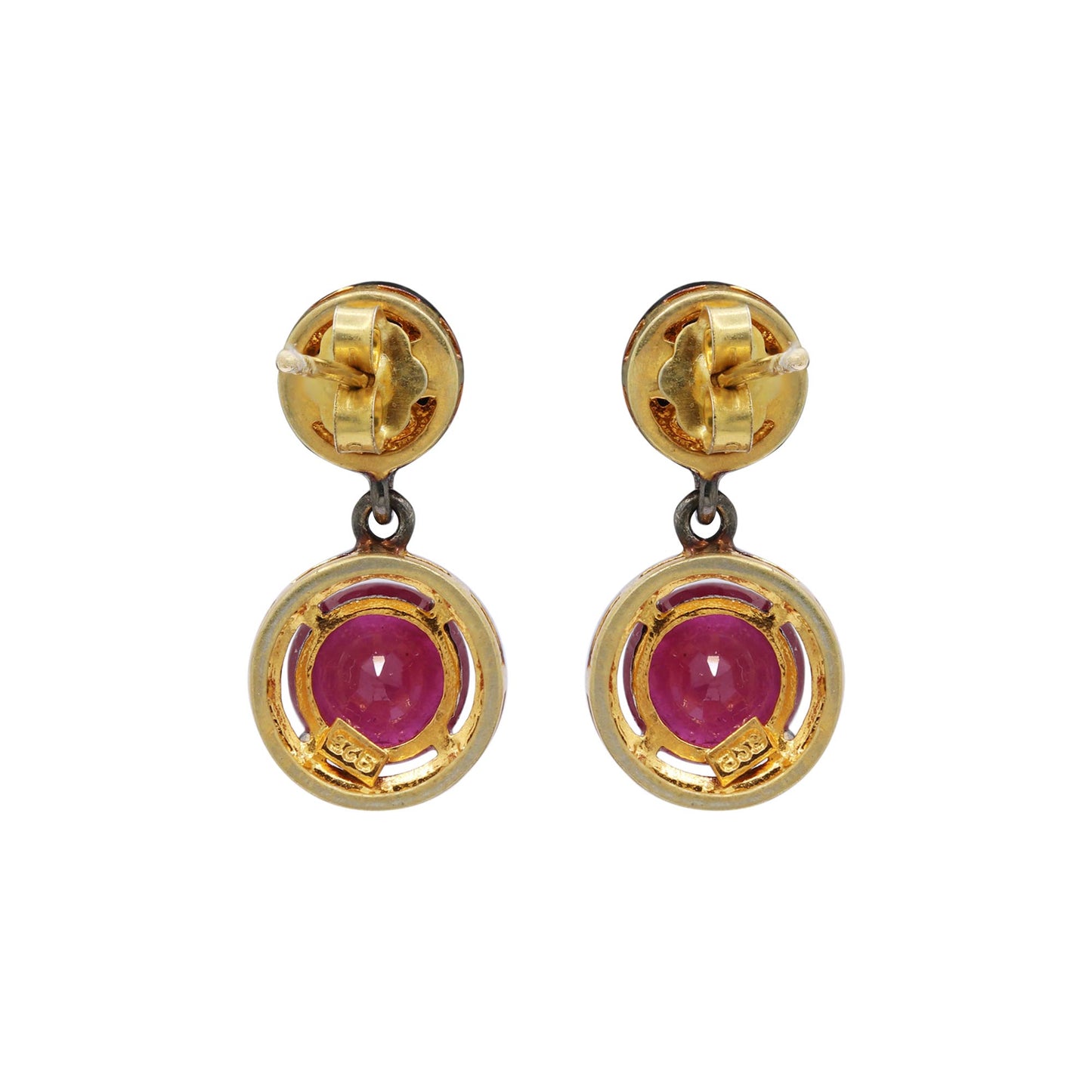 Round Precious Ruby And Diamond 925 Sterling Silver Gold Plated Drop Earrings