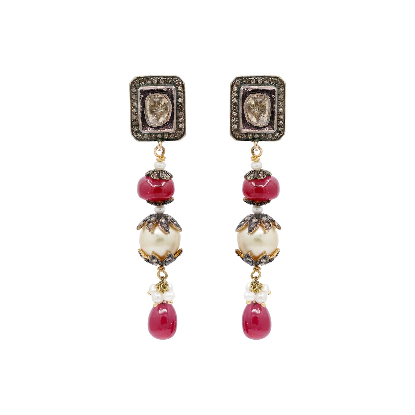 Drop Dangle Pearl Precious Ruby With Polki Diamond 925 Sterling Silver Handmade Earring