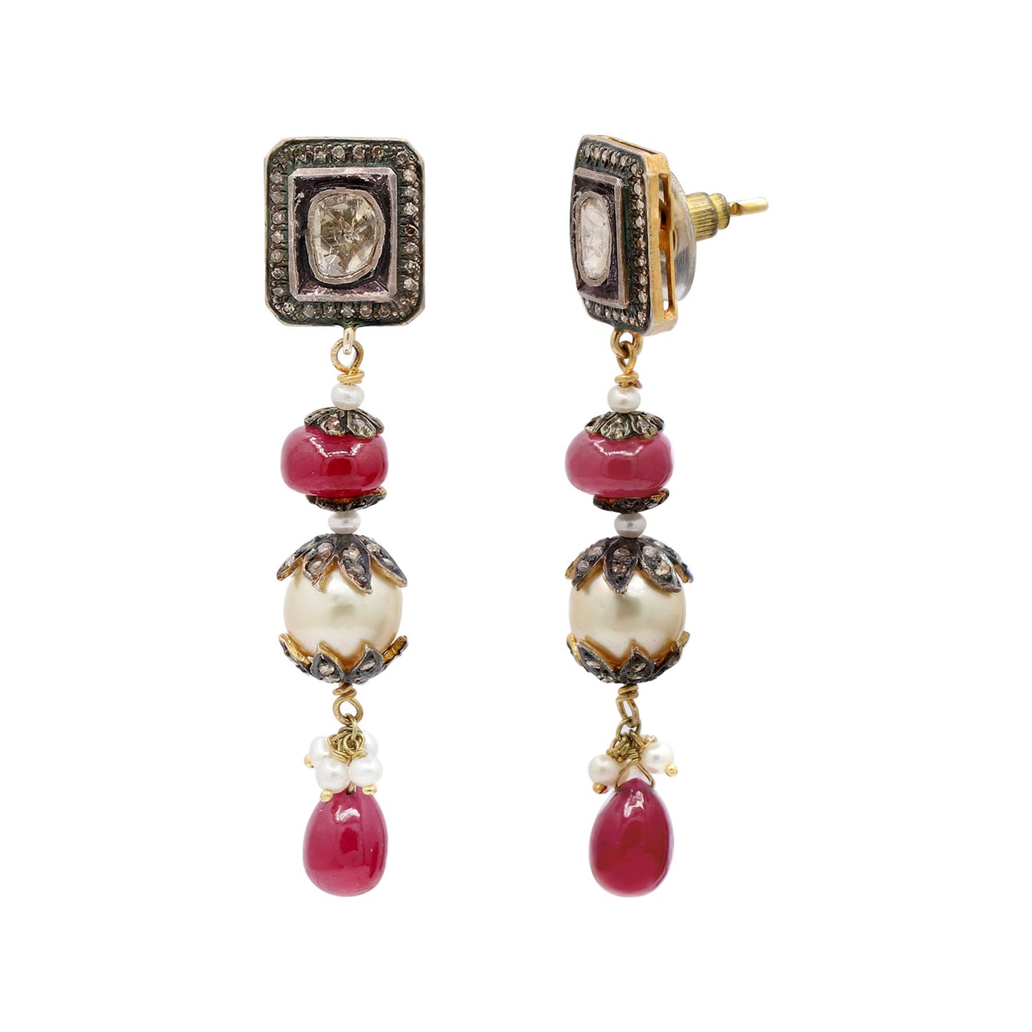 Drop Dangle Pearl Precious Ruby With Polki Diamond 925 Sterling Silver Handmade Earring