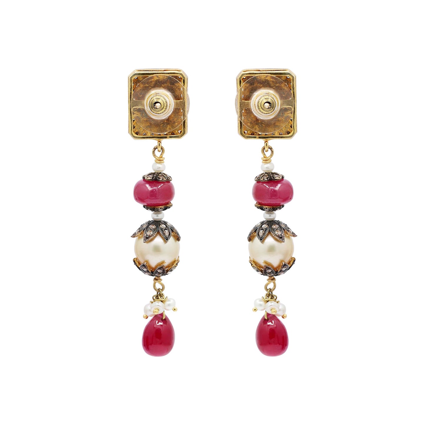 Drop Dangle Pearl Precious Ruby With Polki Diamond 925 Sterling Silver Handmade Earring